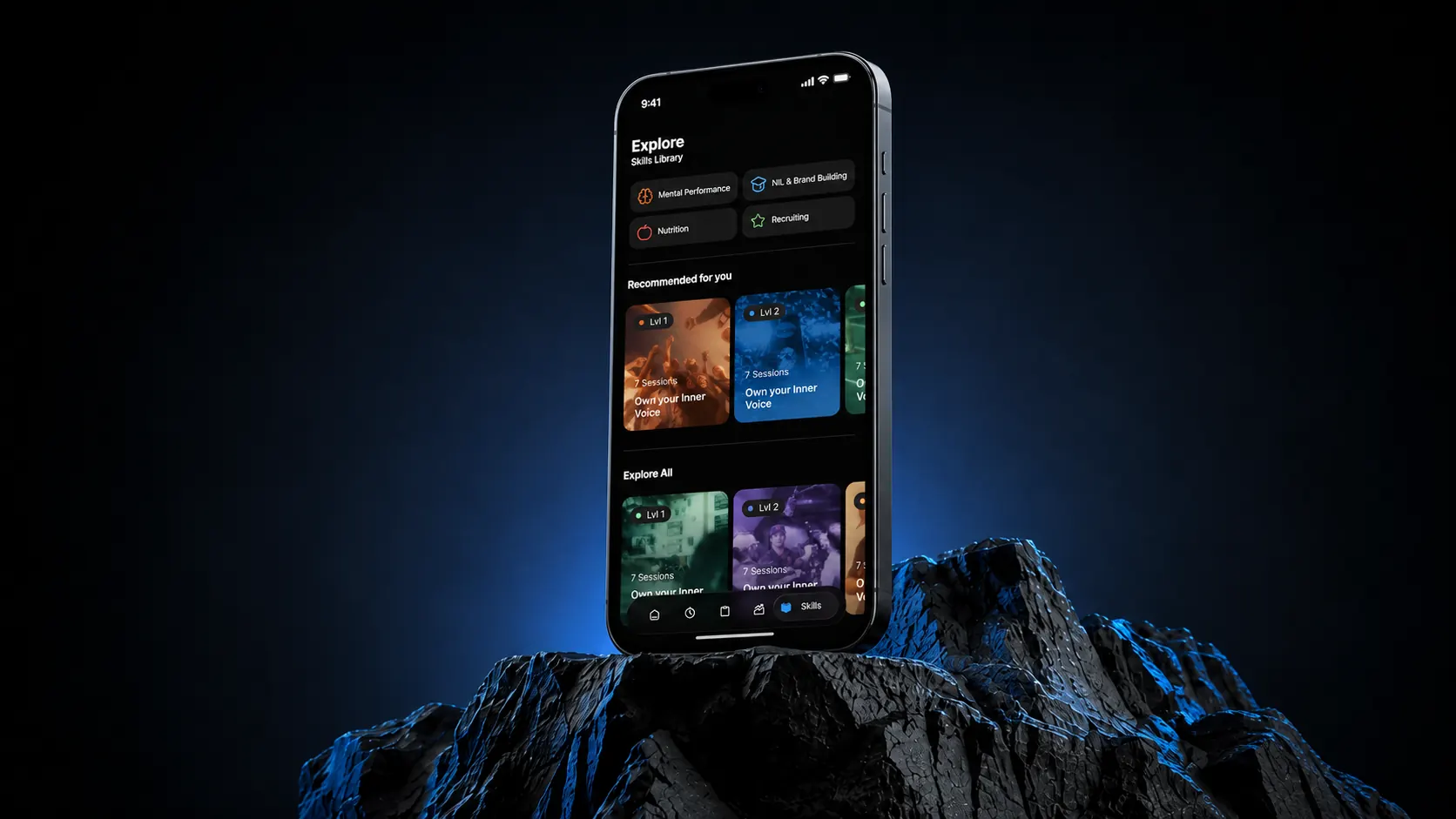 The MindRep app's Explore screen on a phone standing on a mountain peak
