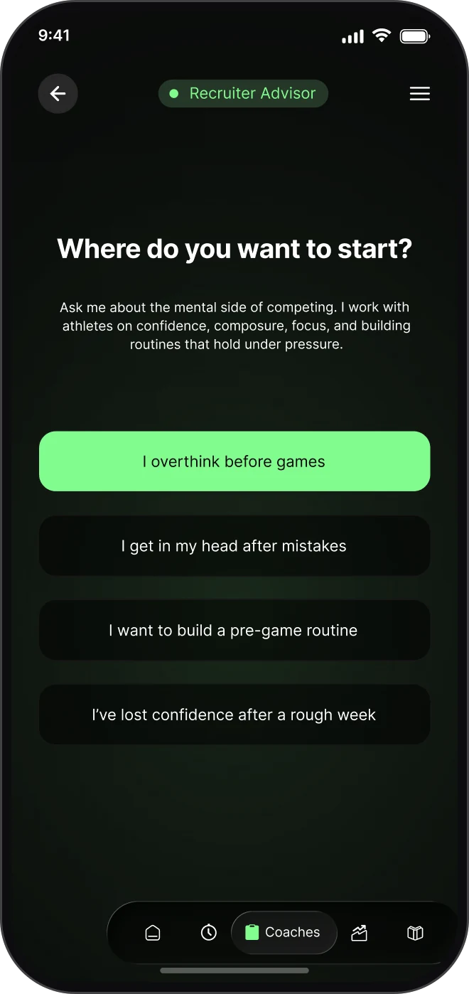 A MindRep coach asking where you want to start, with suggested answers