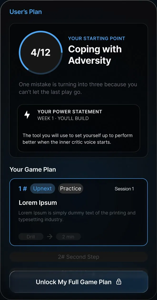 MindRep app mockup of a user's plan showing their starting point score, power statement, and daily game plan