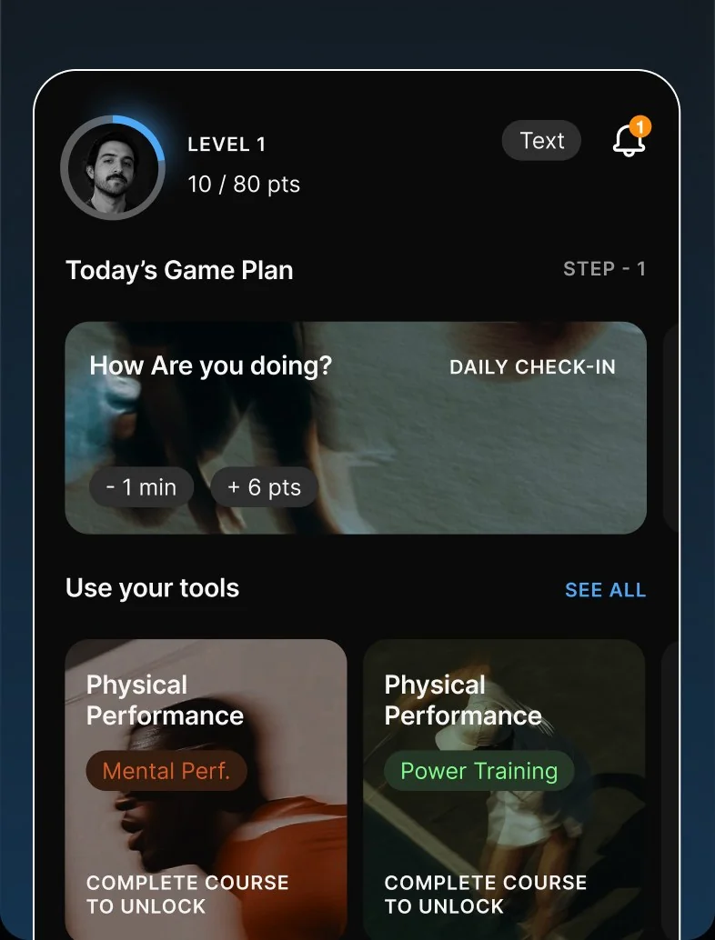 MindRep app home screen showing today's game plan with a daily check-in and tool cards