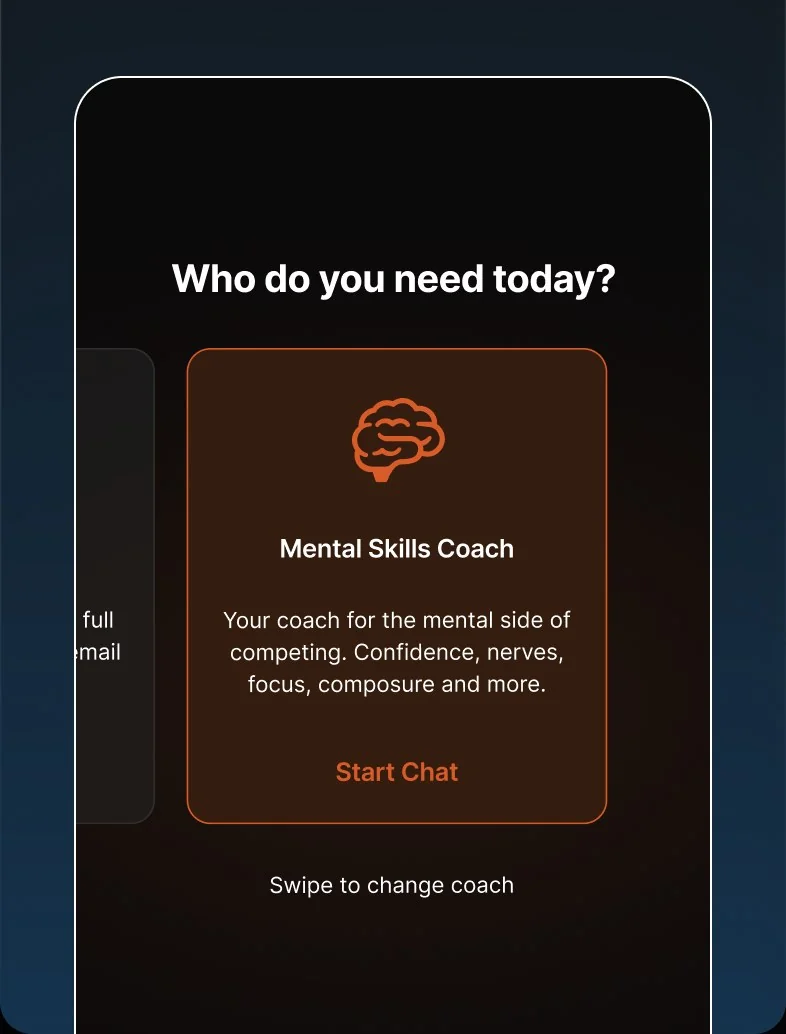 MindRep app coach picker asking who do you need today, with a Mental Skills Coach card
