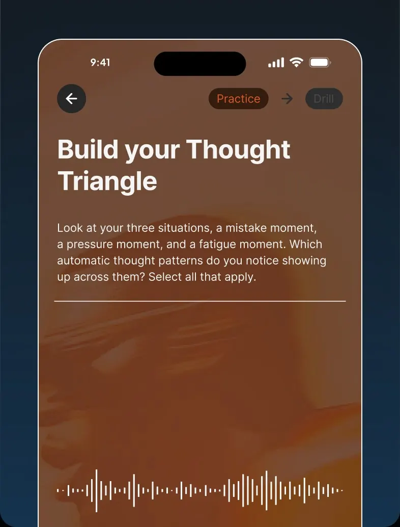 MindRep app drill screen titled Build your Thought Triangle with an audio waveform