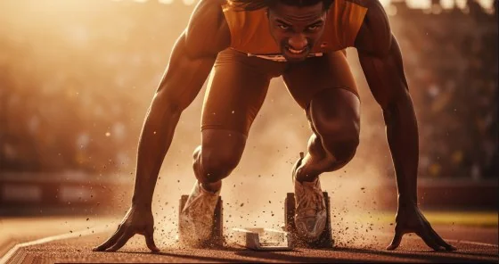 Sprinter launching out of starting blocks on a track