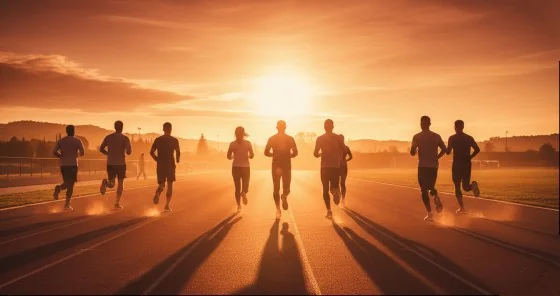 Group of runners training on a track at sunset