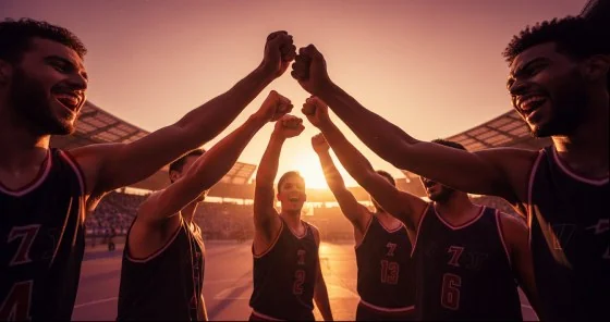 Basketball players celebrating with raised arms at sunset